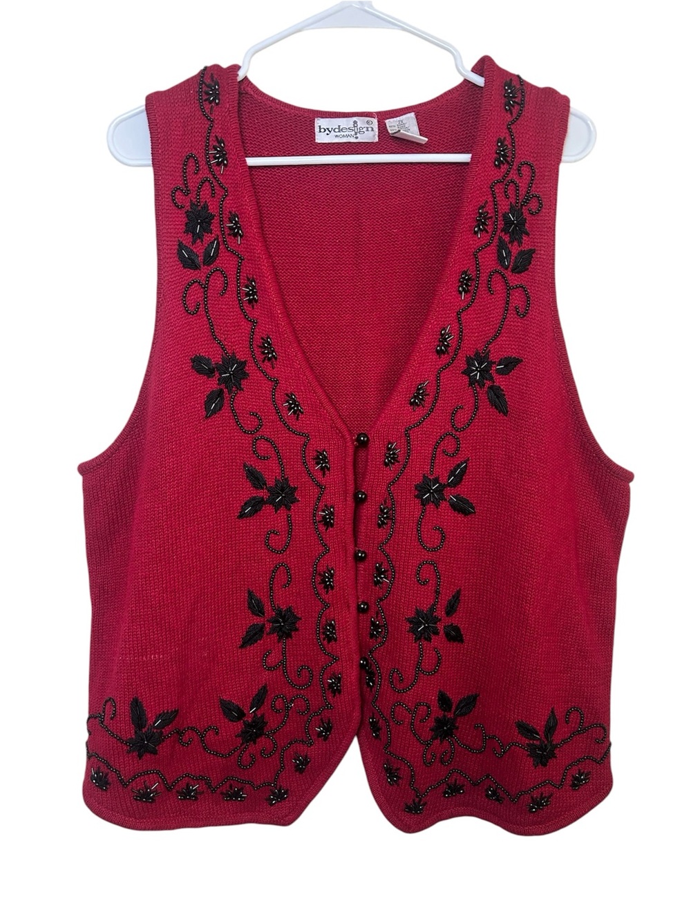 By Design Red Embroidered Beaded Vest Grandma Casual Old Money Vintage Mature 2X